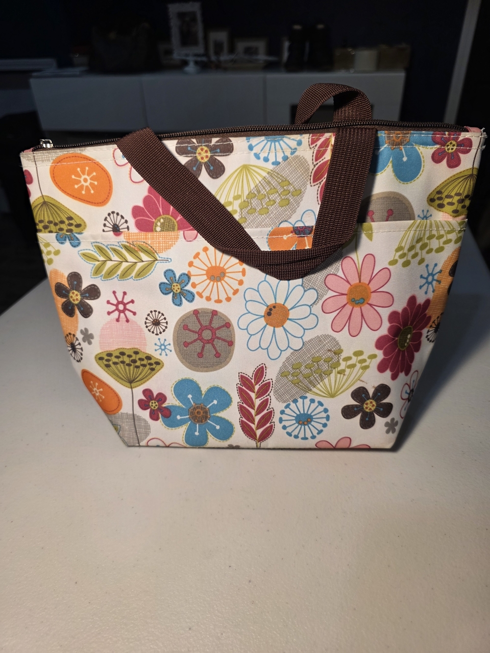 Colorful Floral Canvas Tote with Brown Handles